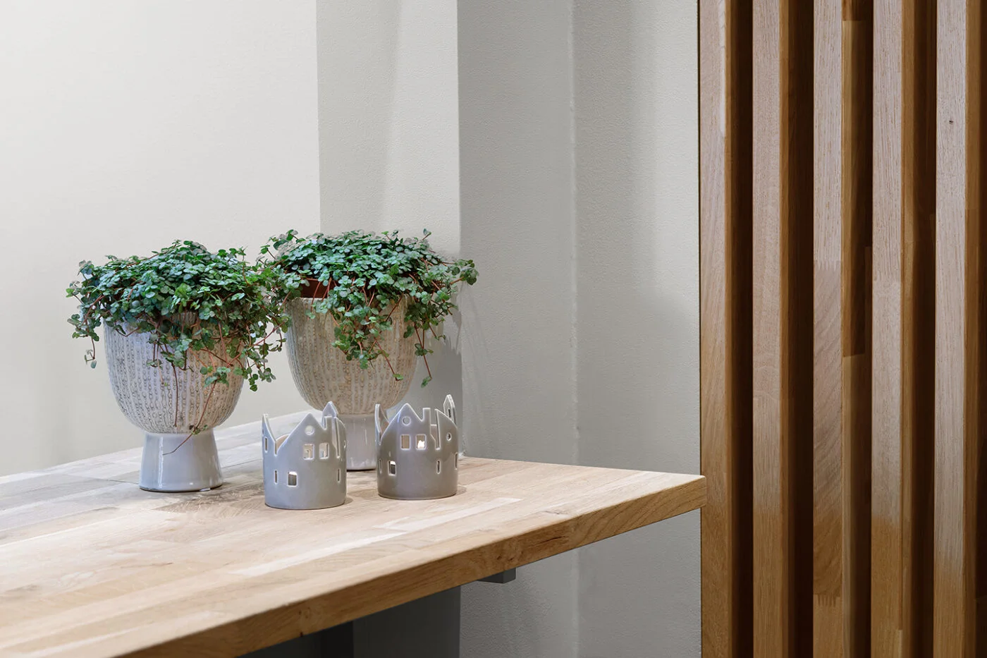 Detalj fra klinikken med planter og trepanel
